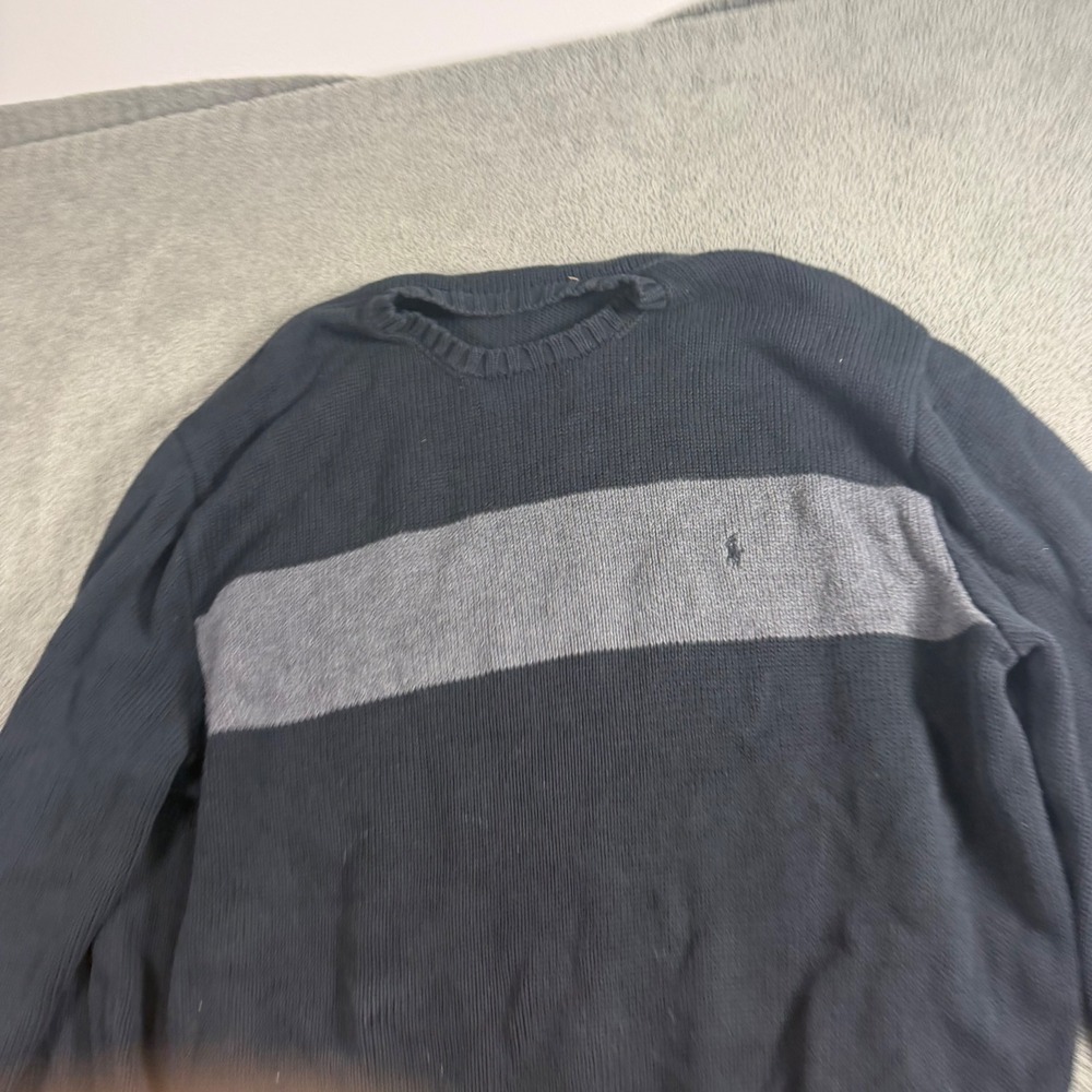Polo Ralph Lauren Mens XL Navy Blue Grey Stripe Cotton Crewneck Sweater Pony